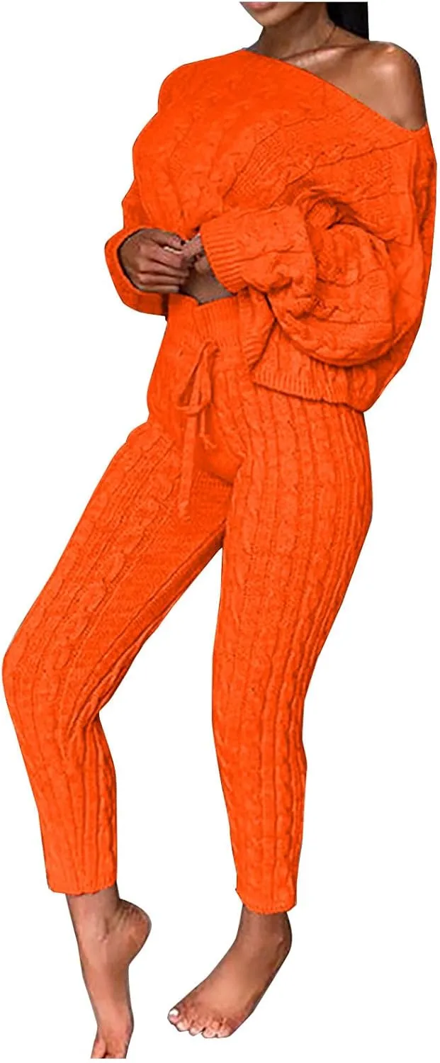 Oplxuo Off Shoulder Sweater Sets for Women Two Piece Outfits Cable Knit Pullover Tops and Bodycon Pants Lounge Matching Set
