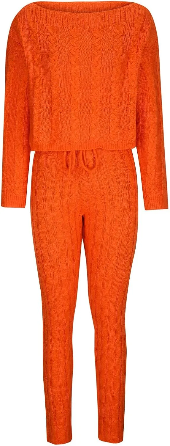 Oplxuo Off Shoulder Sweater Sets for Women Two Piece Outfits Cable Knit Pullover Tops and Bodycon Pants Lounge Matching Set