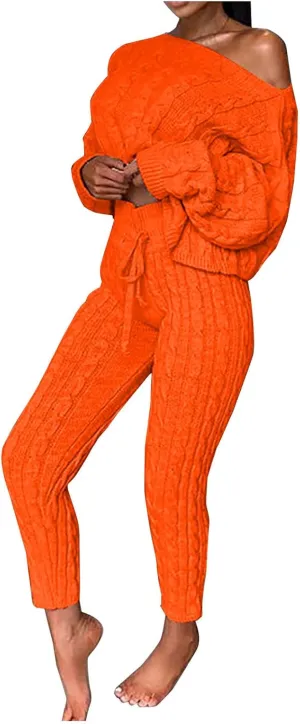Oplxuo Off Shoulder Sweater Sets for Women Two Piece Outfits Cable Knit Pullover Tops and Bodycon Pants Lounge Matching Set