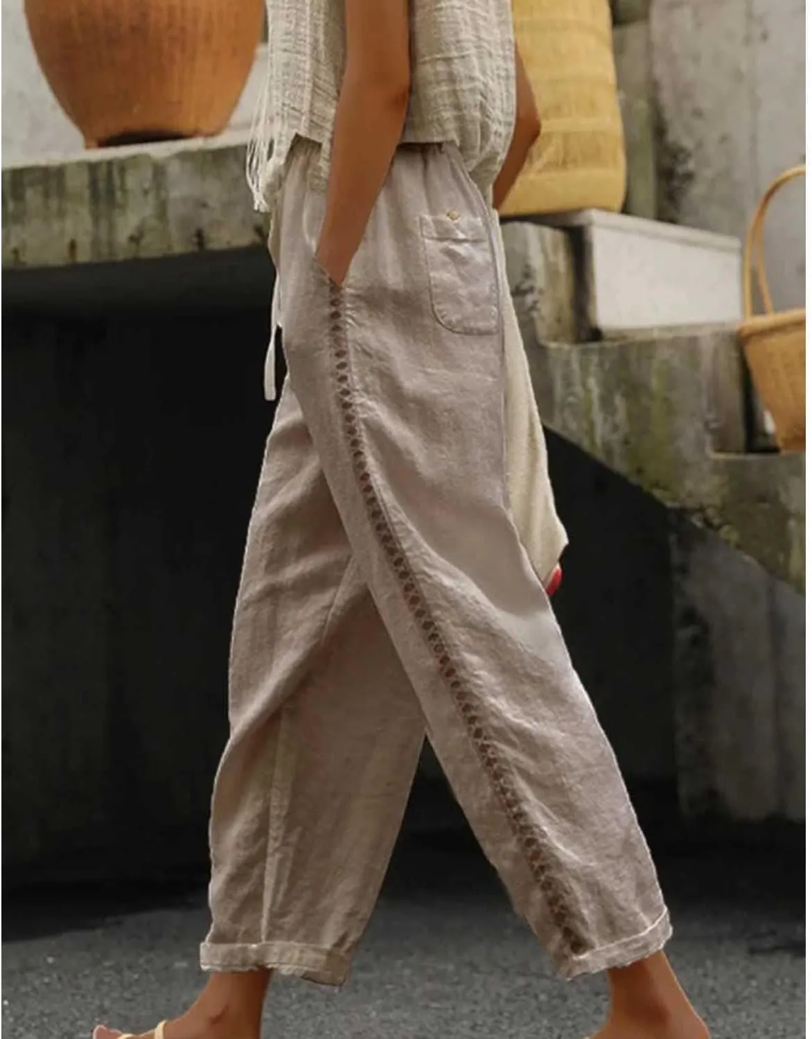 Orwya Pants Women, Olzeep Striped Pants, Linen Pants Women, Olzeep Classy Striped Side Pocket Pants