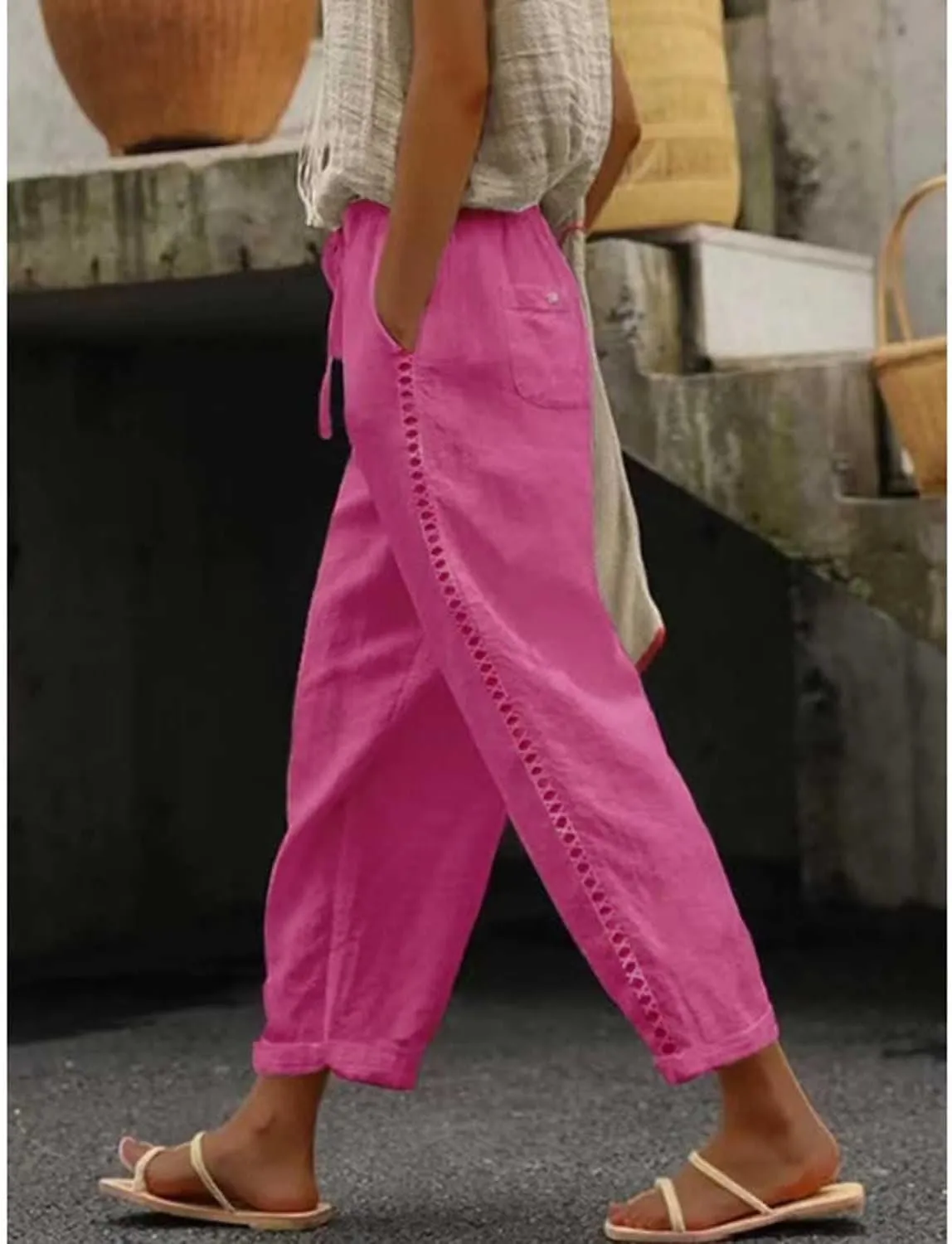 Orwya Pants Women, Olzeep Striped Pants, Linen Pants Women, Olzeep Classy Striped Side Pocket Pants
