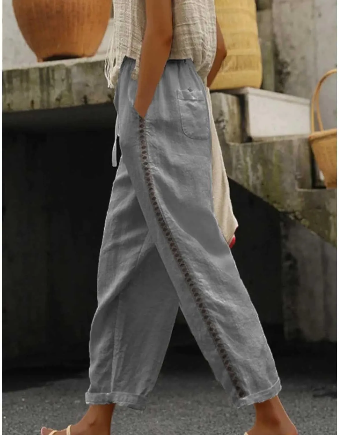 Orwya Pants Women, Olzeep Striped Pants, Linen Pants Women, Olzeep Classy Striped Side Pocket Pants