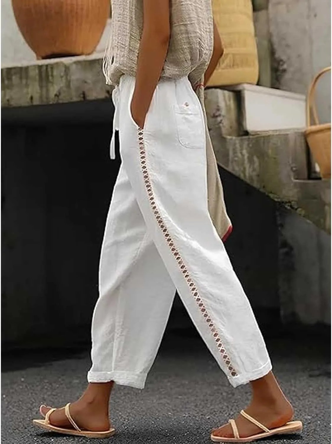 Orwya Pants Women, Olzeep Striped Pants, Linen Pants Women, Olzeep Classy Striped Side Pocket Pants