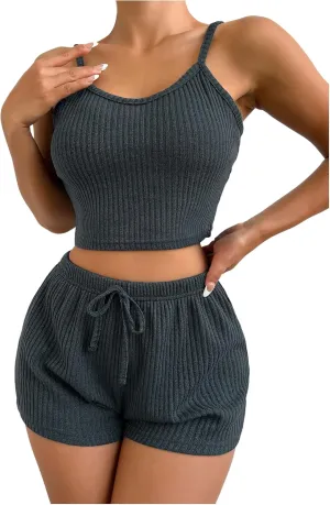 OYOANGLE Women's 2 Piece Ribbed Knit Pajama Set Crop Cami Top and Shorts Pjs Lounge Sets Nightwear