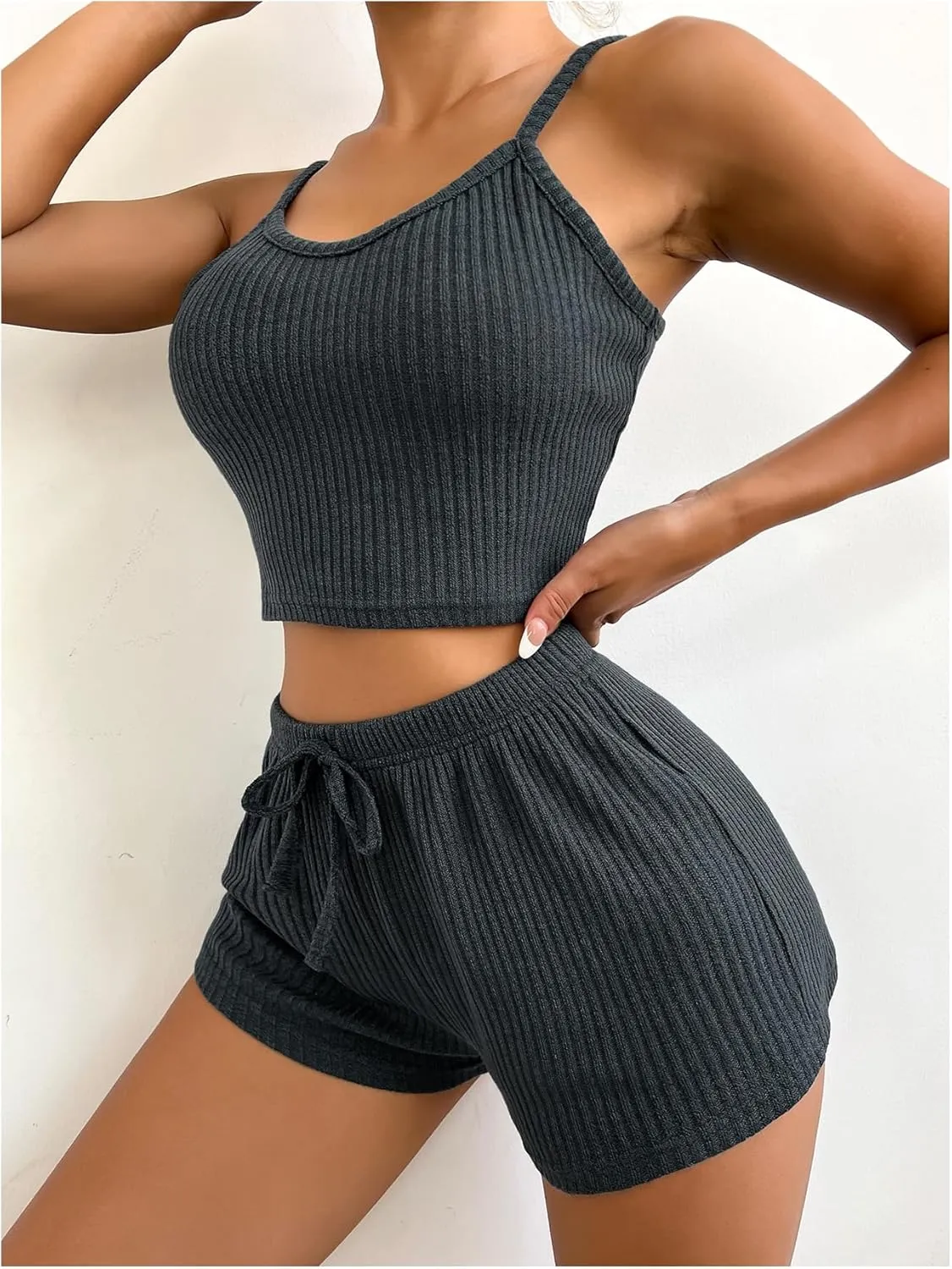 OYOANGLE Women's 2 Piece Ribbed Knit Pajama Set Crop Cami Top and Shorts Pjs Lounge Sets Nightwear