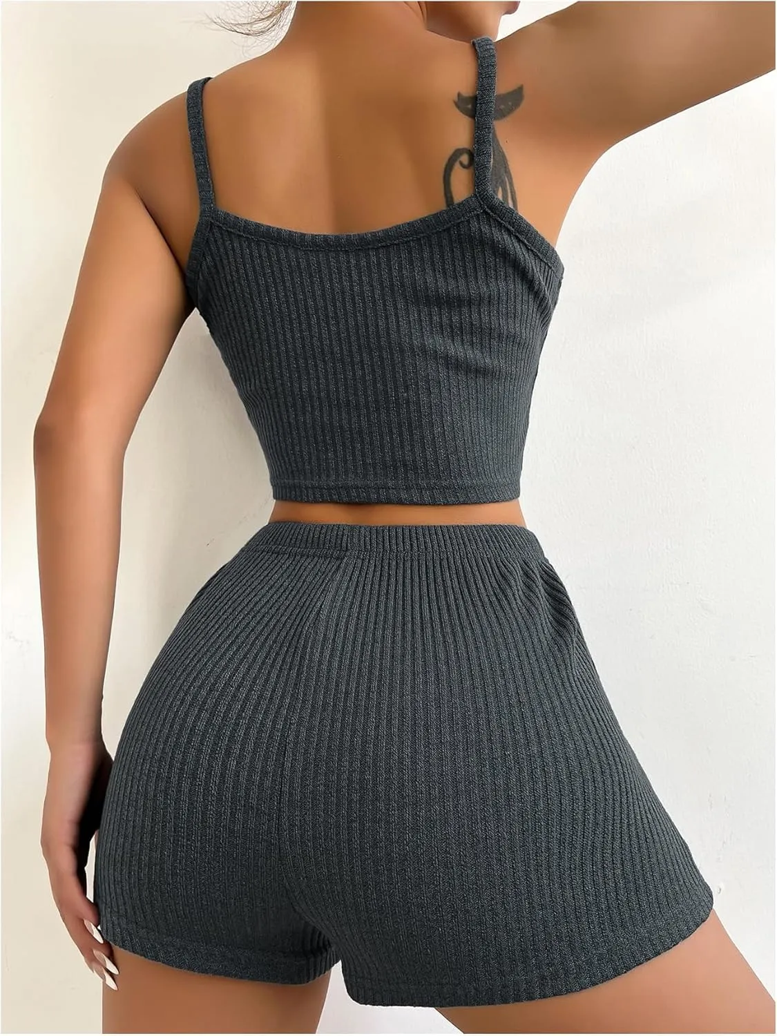 OYOANGLE Women's 2 Piece Ribbed Knit Pajama Set Crop Cami Top and Shorts Pjs Lounge Sets Nightwear