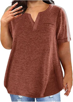 Plus Size Tops for Women Short Sleeve Cotton Summer Shirts Loose Fit V Neck T Shirt Solid Color Top with Front Pocket