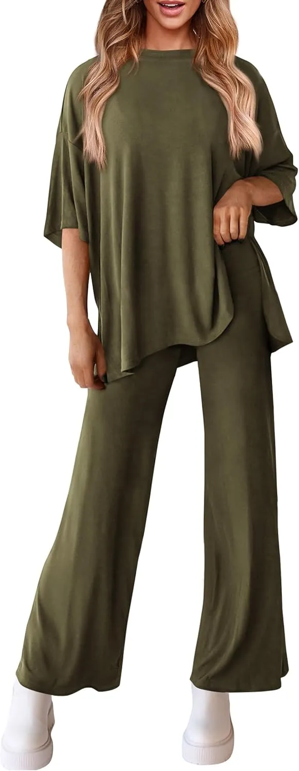 PRETTYGARDEN Women's 2 Piece Outfits Casual Short Sleeve Pullover Tops and Wide Leg Pants Lounge Sets Tracksuits