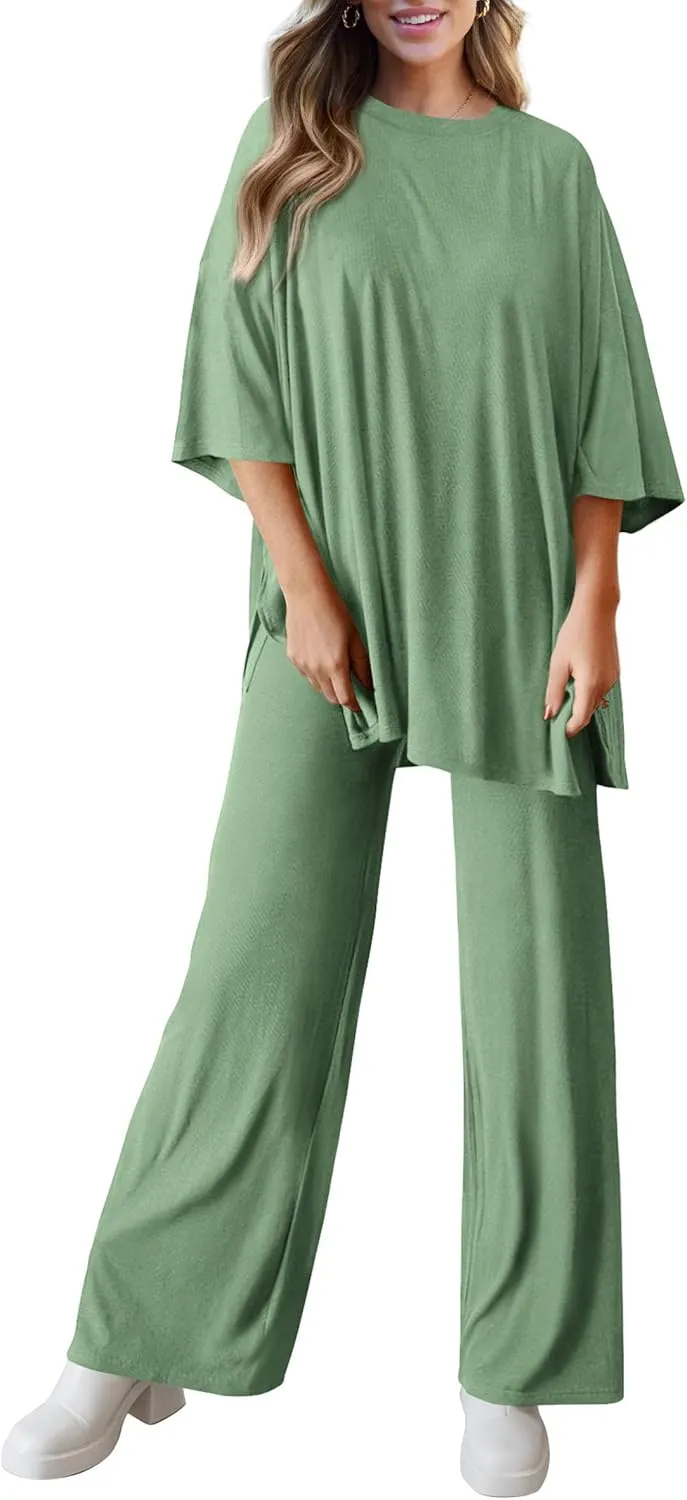 PRETTYGARDEN Women's 2 Piece Outfits Casual Short Sleeve Pullover Tops and Wide Leg Pants Lounge Sets Tracksuits