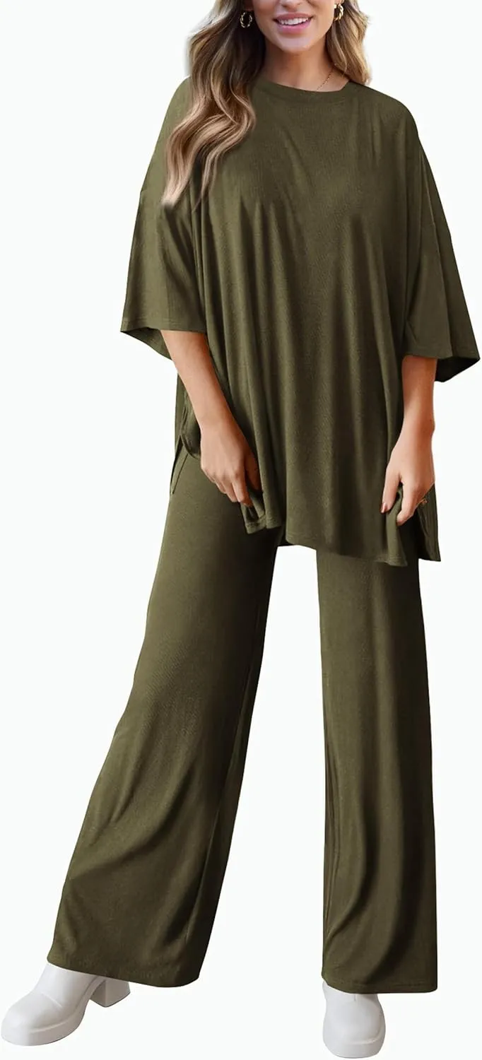 PRETTYGARDEN Women's 2 Piece Outfits Casual Short Sleeve Pullover Tops and Wide Leg Pants Lounge Sets Tracksuits