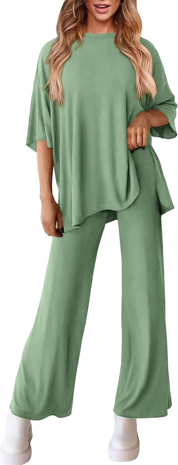 PRETTYGARDEN Women's 2 Piece Outfits Casual Short Sleeve Pullover Tops and Wide Leg Pants Lounge Sets Tracksuits