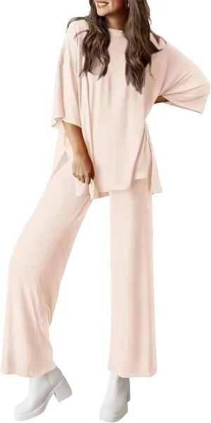 PRETTYGARDEN Women's 2 Piece Outfits Casual Short Sleeve Pullover Tops and Wide Leg Pants Lounge Sets Tracksuits