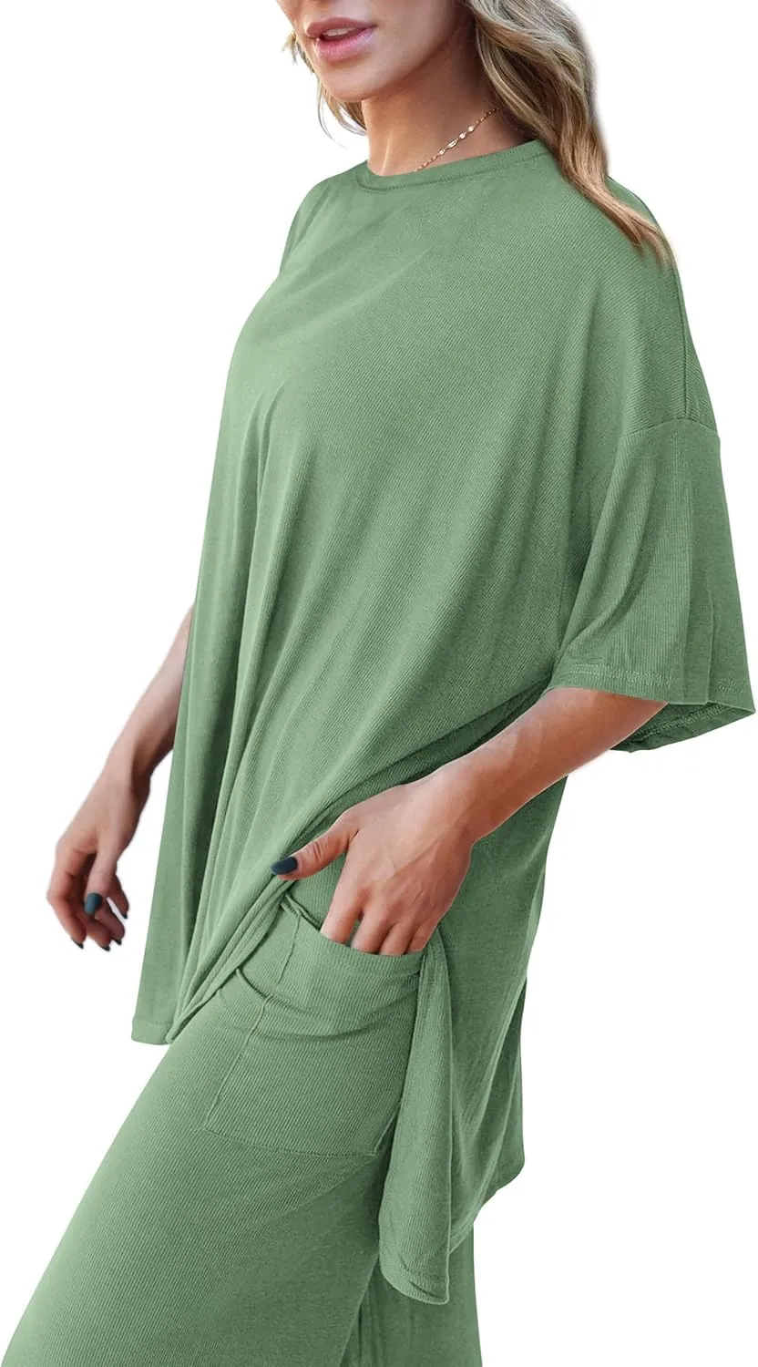 PRETTYGARDEN Women's 2 Piece Outfits Casual Short Sleeve Pullover Tops and Wide Leg Pants Lounge Sets Tracksuits