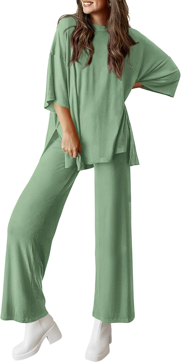 PRETTYGARDEN Women's 2 Piece Outfits Casual Short Sleeve Pullover Tops and Wide Leg Pants Lounge Sets Tracksuits