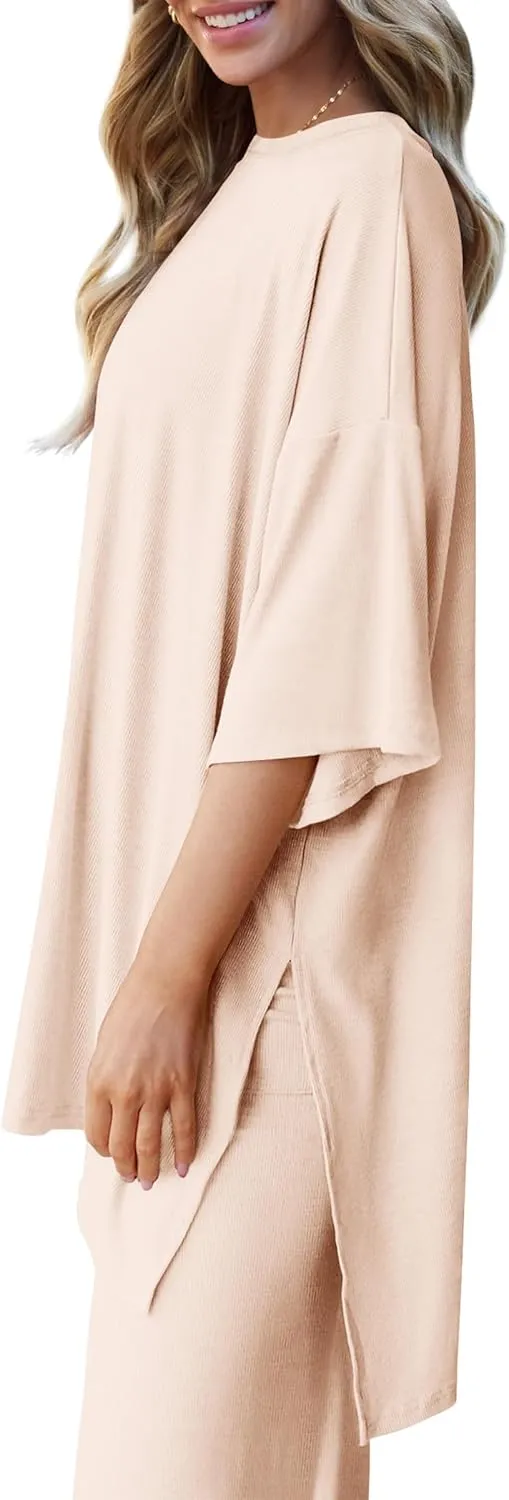 PRETTYGARDEN Women's 2 Piece Outfits Casual Short Sleeve Pullover Tops and Wide Leg Pants Lounge Sets Tracksuits