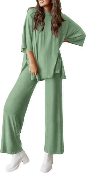 PRETTYGARDEN Women's 2 Piece Outfits Casual Short Sleeve Pullover Tops and Wide Leg Pants Lounge Sets Tracksuits