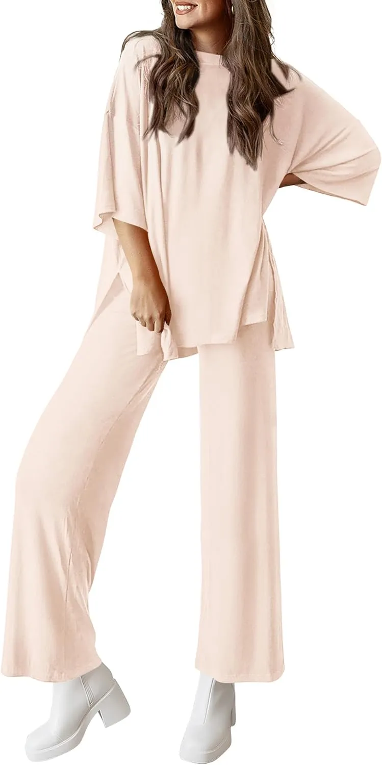 PRETTYGARDEN Women's 2 Piece Outfits Casual Short Sleeve Pullover Tops and Wide Leg Pants Lounge Sets Tracksuits