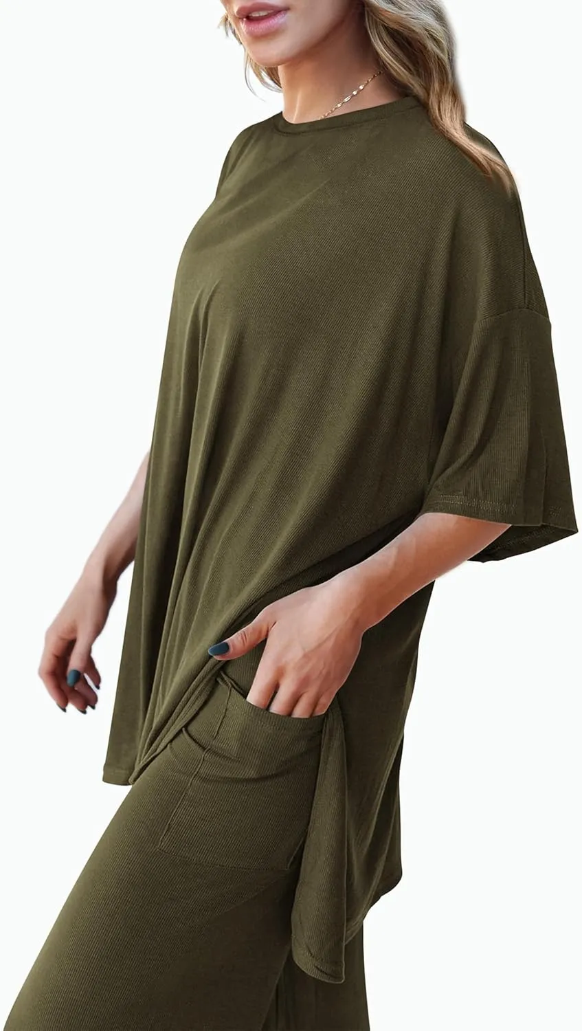 PRETTYGARDEN Women's 2 Piece Outfits Casual Short Sleeve Pullover Tops and Wide Leg Pants Lounge Sets Tracksuits