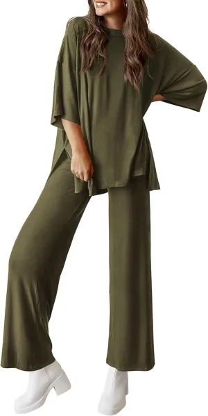 PRETTYGARDEN Women's 2 Piece Outfits Casual Short Sleeve Pullover Tops and Wide Leg Pants Lounge Sets Tracksuits