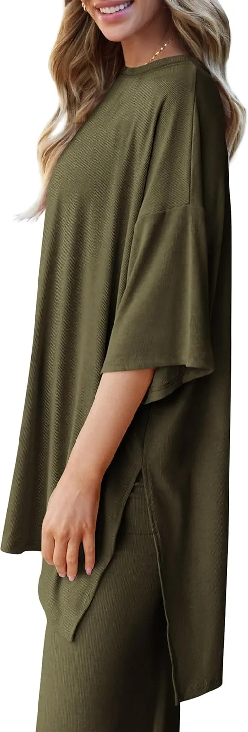 PRETTYGARDEN Women's 2 Piece Outfits Casual Short Sleeve Pullover Tops and Wide Leg Pants Lounge Sets Tracksuits