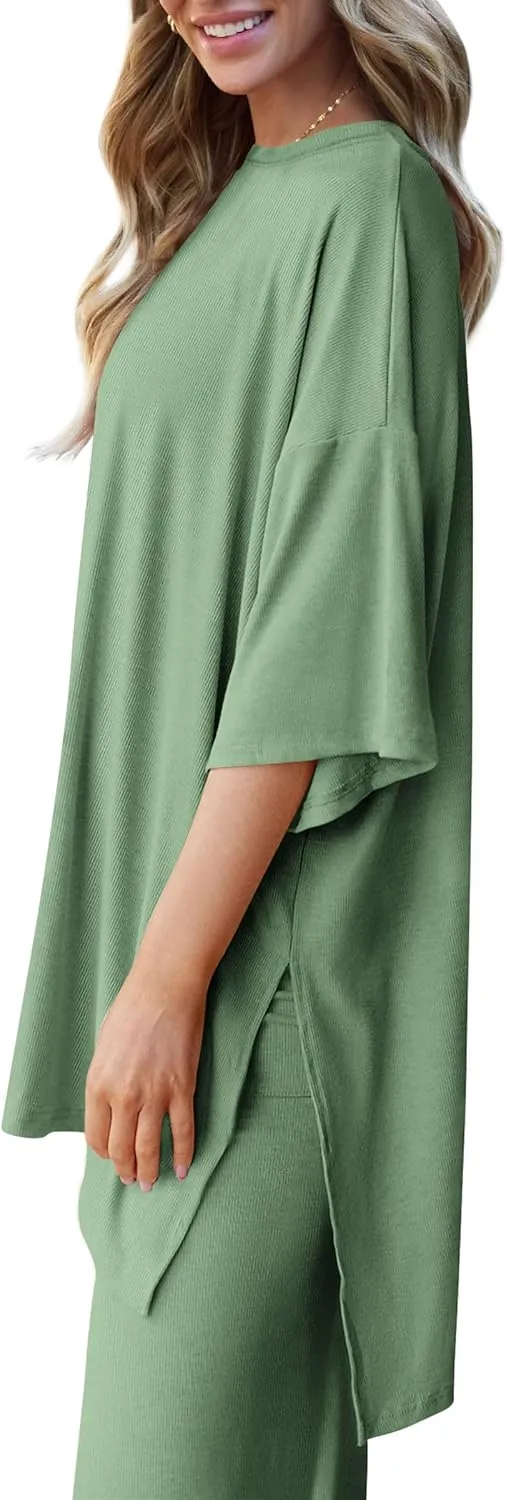 PRETTYGARDEN Women's 2 Piece Outfits Casual Short Sleeve Pullover Tops and Wide Leg Pants Lounge Sets Tracksuits