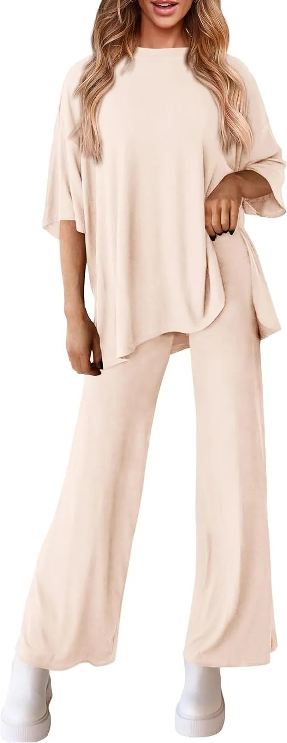 PRETTYGARDEN Women's 2 Piece Outfits Casual Short Sleeve Pullover Tops and Wide Leg Pants Lounge Sets Tracksuits
