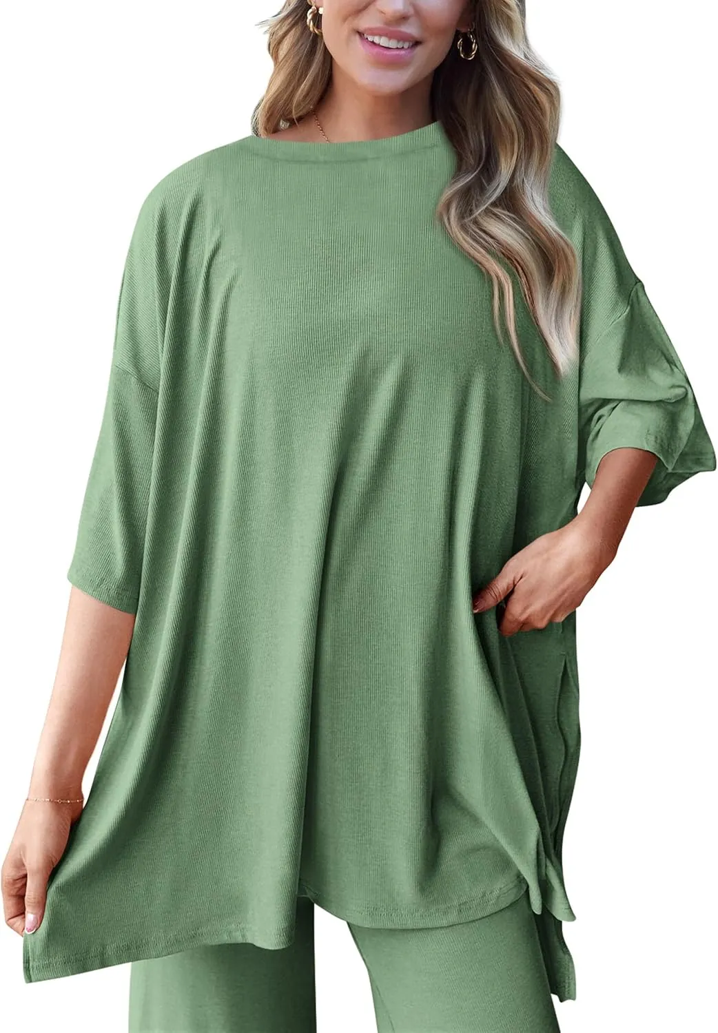 PRETTYGARDEN Women's 2 Piece Outfits Casual Short Sleeve Pullover Tops and Wide Leg Pants Lounge Sets Tracksuits