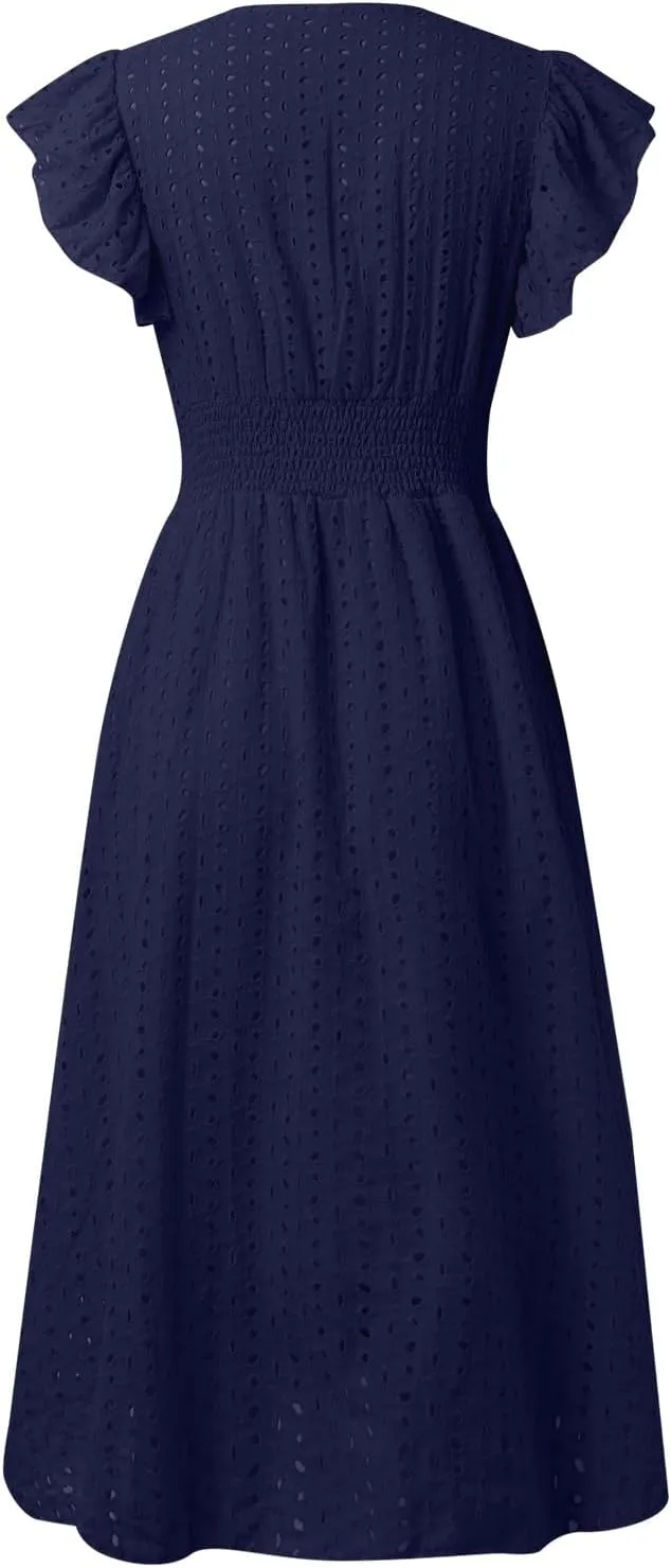 PTOLOCIF Wedding Guest Dresses for Women 2024 Trendy Eyelet Dresses Summer V Neck Ruffle Sleeve Party Dress a Line Boho Dress