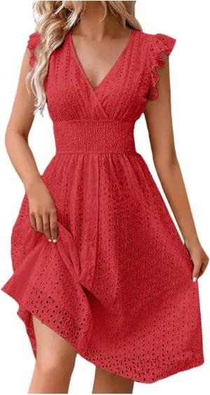 PTOLOCIF Wedding Guest Dresses for Women 2024 Trendy Eyelet Dresses Summer V Neck Ruffle Sleeve Party Dress a Line Boho Dress