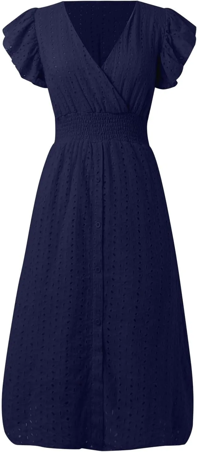 PTOLOCIF Wedding Guest Dresses for Women 2024 Trendy Eyelet Dresses Summer V Neck Ruffle Sleeve Party Dress a Line Boho Dress