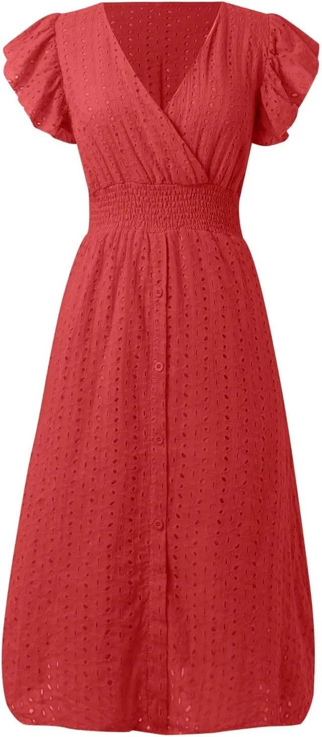 PTOLOCIF Wedding Guest Dresses for Women 2024 Trendy Eyelet Dresses Summer V Neck Ruffle Sleeve Party Dress a Line Boho Dress