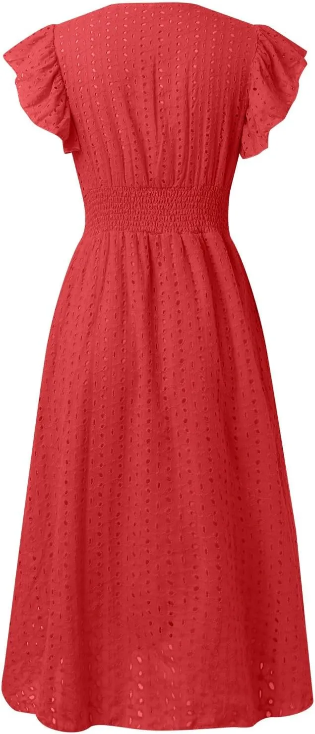 PTOLOCIF Wedding Guest Dresses for Women 2024 Trendy Eyelet Dresses Summer V Neck Ruffle Sleeve Party Dress a Line Boho Dress