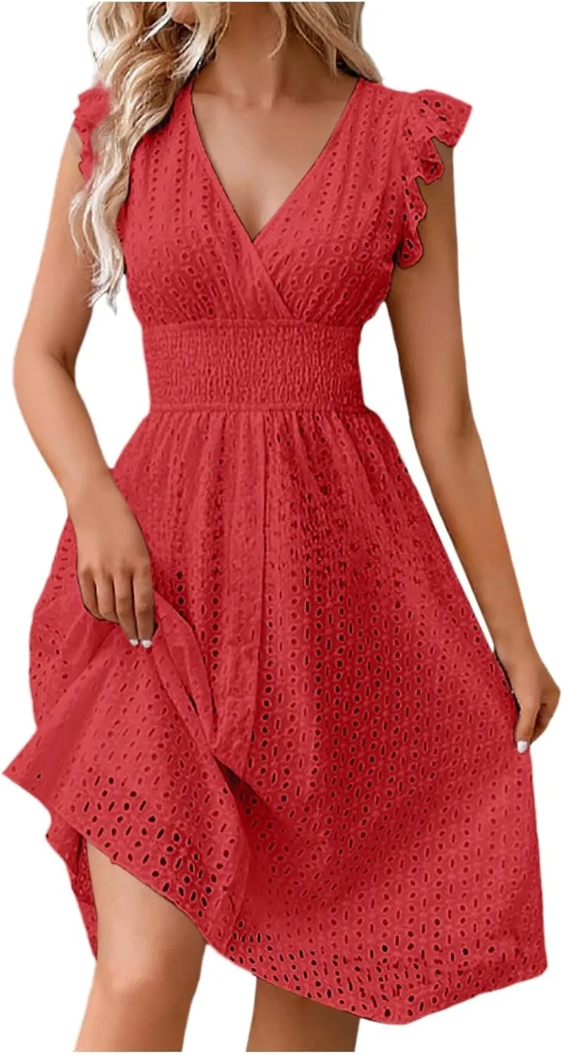 PTOLOCIF Wedding Guest Dresses for Women 2024 Trendy Eyelet Dresses Summer V Neck Ruffle Sleeve Party Dress a Line Boho Dress