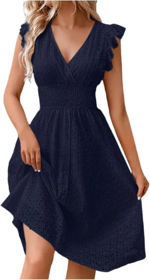 PTOLOCIF Wedding Guest Dresses for Women 2024 Trendy Eyelet Dresses Summer V Neck Ruffle Sleeve Party Dress a Line Boho Dress