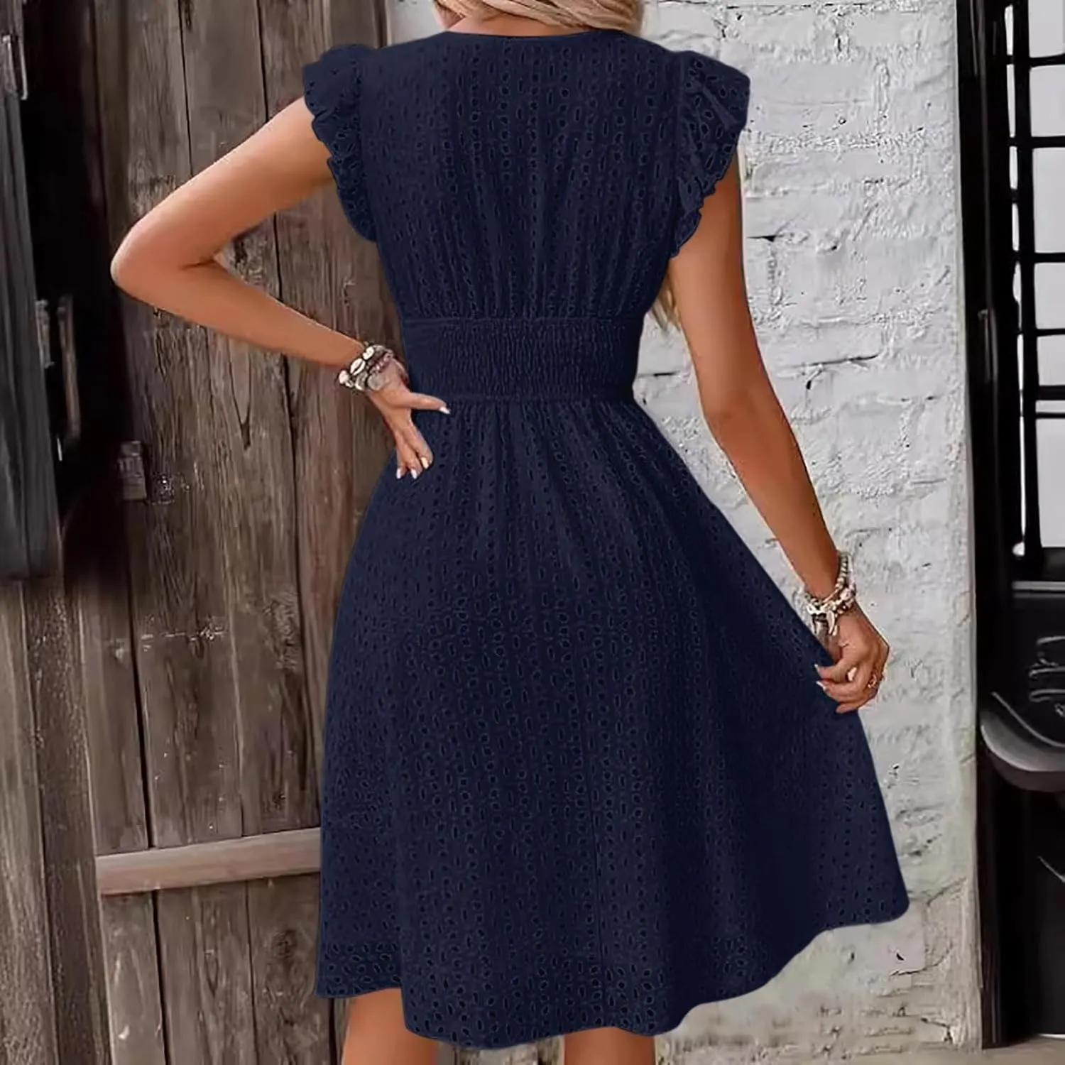 PTOLOCIF Wedding Guest Dresses for Women 2024 Trendy Eyelet Dresses Summer V Neck Ruffle Sleeve Party Dress a Line Boho Dress