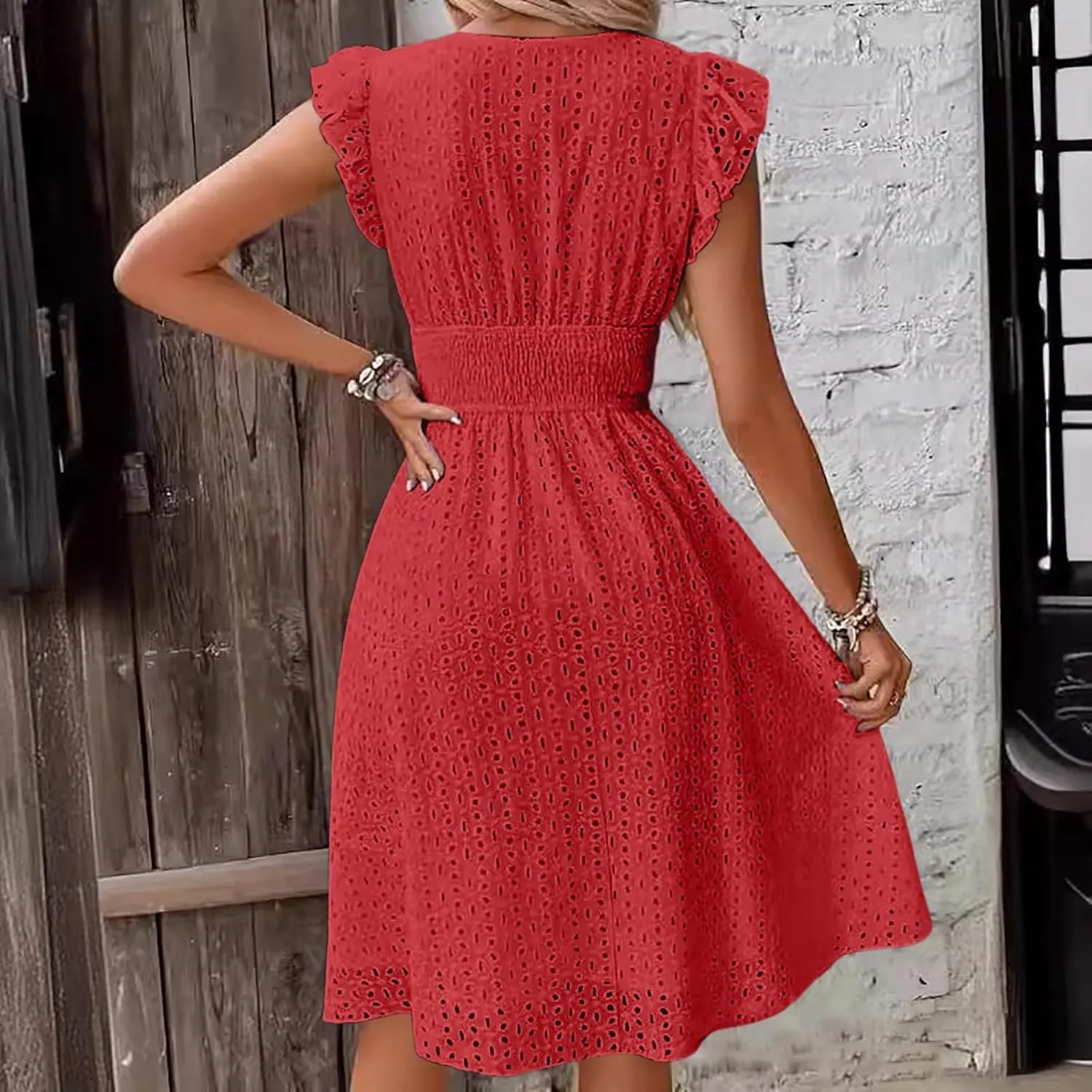 PTOLOCIF Wedding Guest Dresses for Women 2024 Trendy Eyelet Dresses Summer V Neck Ruffle Sleeve Party Dress a Line Boho Dress