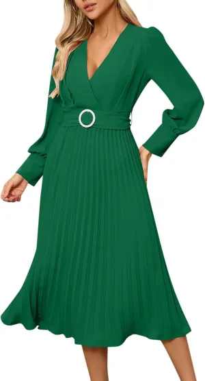 PTOLOCIF Wedding Guest Dresses for Women Wrap V Neck Midi Dress Casual Long Sleeve Party Dresses Pleated a Line Flowy Dress