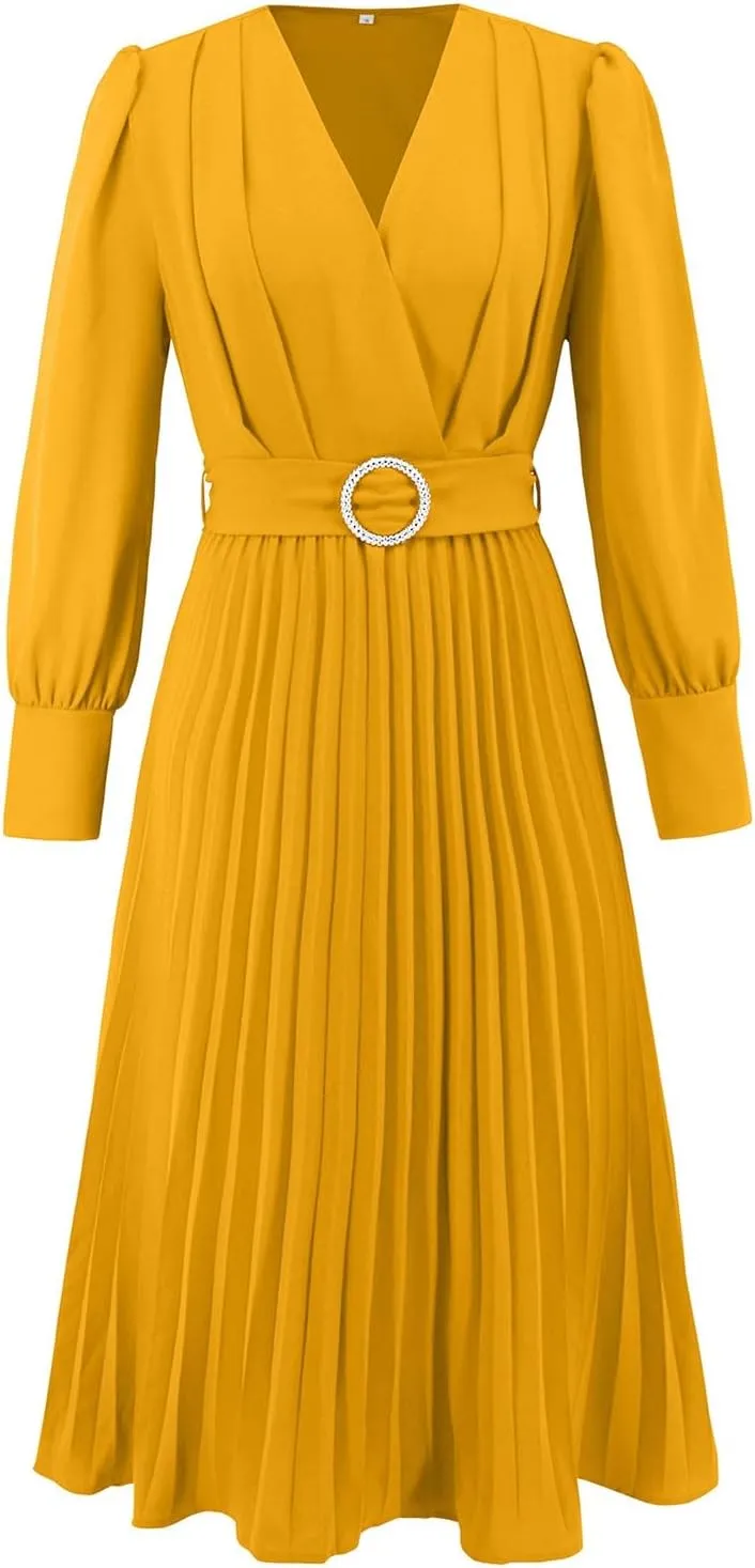 PTOLOCIF Wedding Guest Dresses for Women Wrap V Neck Midi Dress Casual Long Sleeve Party Dresses Pleated a Line Flowy Dress