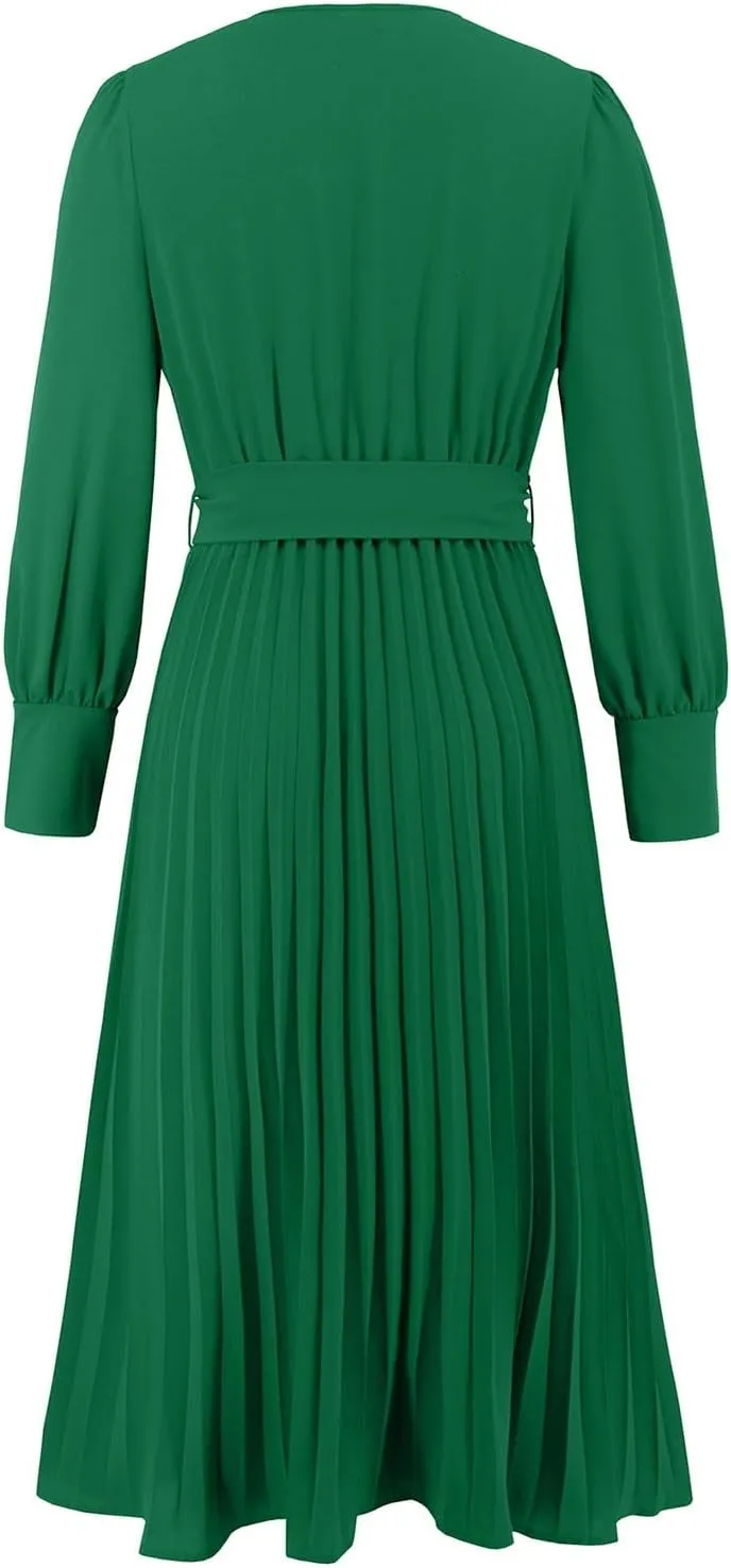 PTOLOCIF Wedding Guest Dresses for Women Wrap V Neck Midi Dress Casual Long Sleeve Party Dresses Pleated a Line Flowy Dress
