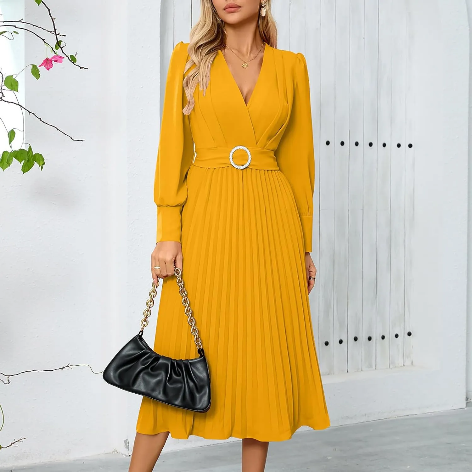 PTOLOCIF Wedding Guest Dresses for Women Wrap V Neck Midi Dress Casual Long Sleeve Party Dresses Pleated a Line Flowy Dress