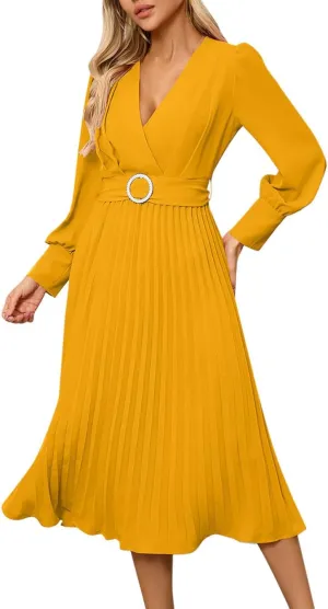 PTOLOCIF Wedding Guest Dresses for Women Wrap V Neck Midi Dress Casual Long Sleeve Party Dresses Pleated a Line Flowy Dress