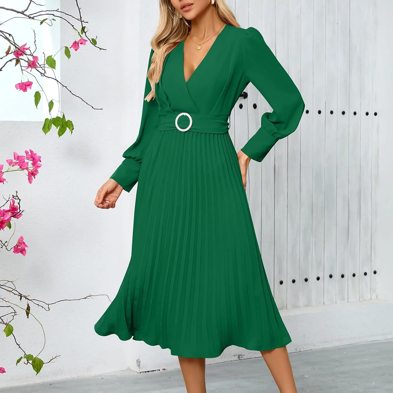 PTOLOCIF Wedding Guest Dresses for Women Wrap V Neck Midi Dress Casual Long Sleeve Party Dresses Pleated a Line Flowy Dress