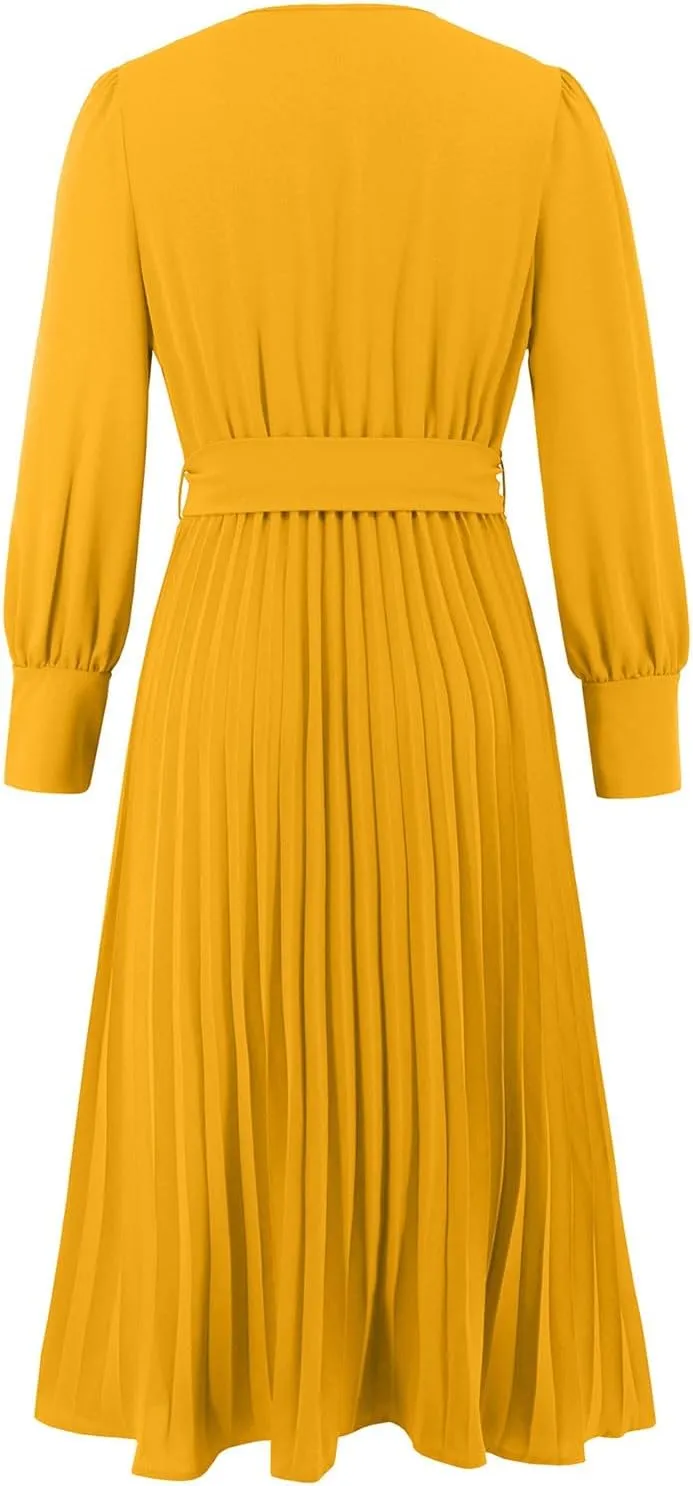 PTOLOCIF Wedding Guest Dresses for Women Wrap V Neck Midi Dress Casual Long Sleeve Party Dresses Pleated a Line Flowy Dress