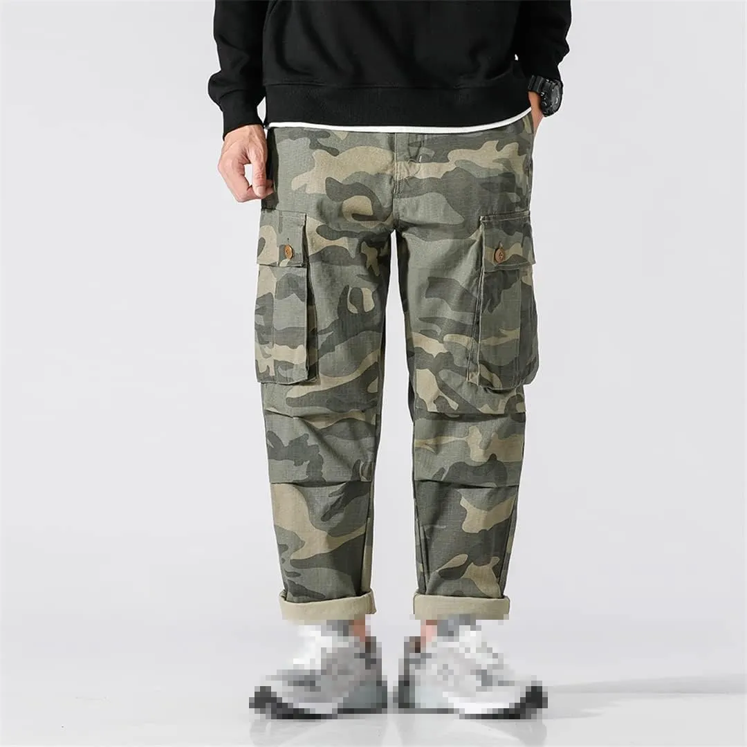 Pulcykp Mens Multi-Pocket Cargo Pants Loose Straight-Leg Pants Casual Pants Outdoor Cargo Pants