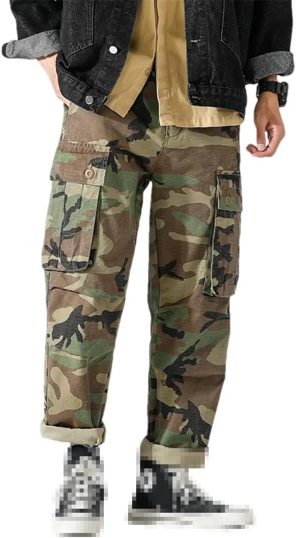Pulcykp Mens Multi-Pocket Cargo Pants Loose Straight-Leg Pants Casual Pants Outdoor Cargo Pants