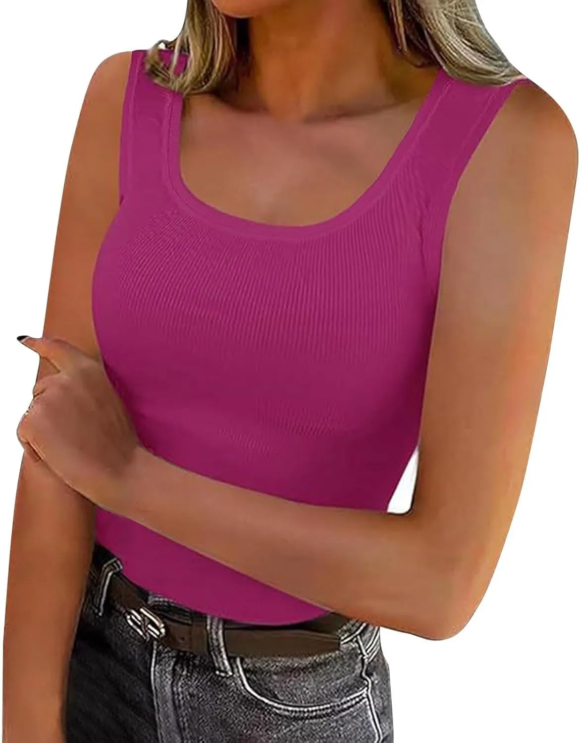 Ribbed Knit Tank Tops for Women Summer Scoop Neck Sleeveless Cropped Shirts Casual Solid Color Workout Slim Blouse