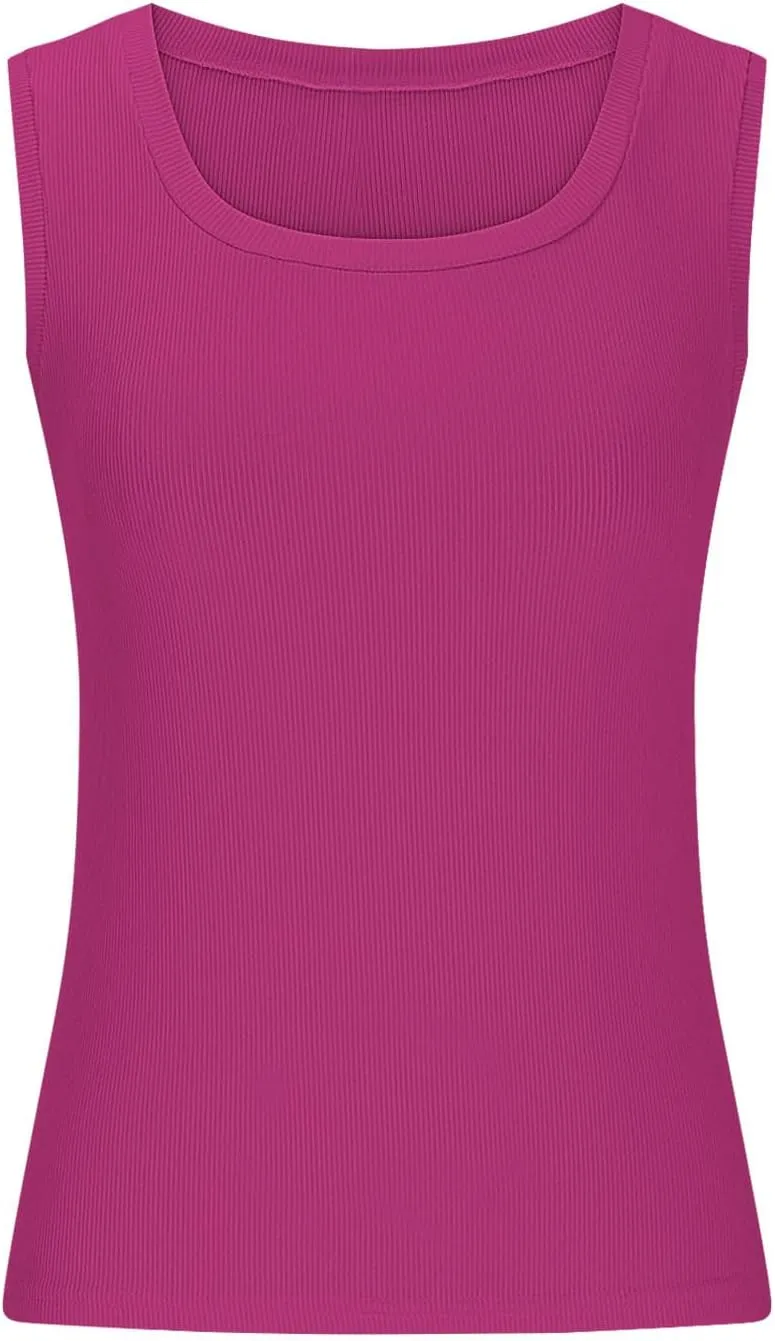 Ribbed Knit Tank Tops for Women Summer Scoop Neck Sleeveless Cropped Shirts Casual Solid Color Workout Slim Blouse