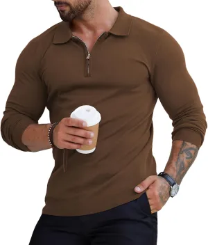 RQP Mens Zipper Polo Shirts Knit Casual Shirts Short/Long Sleeve,Stretch Slim Fit Golf Shirts,Soft Pullover