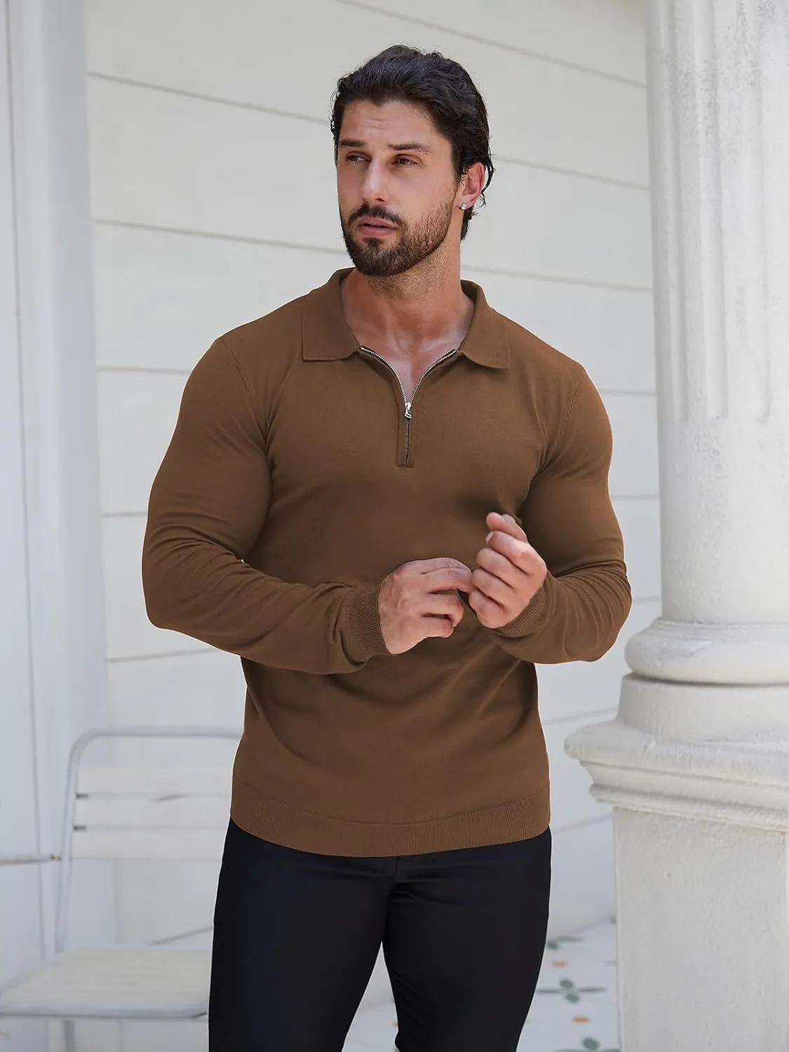 RQP Mens Zipper Polo Shirts Knit Casual Shirts Short/Long Sleeve,Stretch Slim Fit Golf Shirts,Soft Pullover