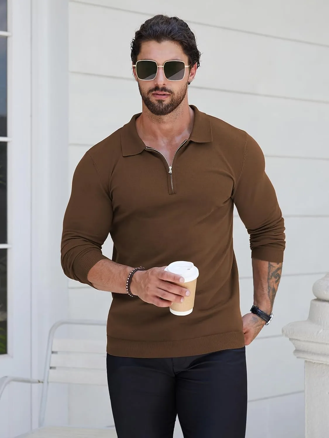 RQP Mens Zipper Polo Shirts Knit Casual Shirts Short/Long Sleeve,Stretch Slim Fit Golf Shirts,Soft Pullover